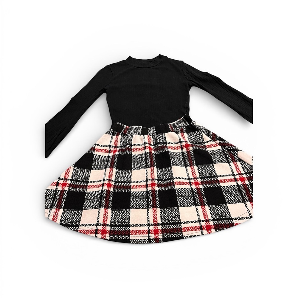 SHEIN Black Top with Black, White & Red Plaid Skirt Girls Casual Dress